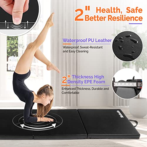 Matladin 8' Folding Gymnastics Gym Exercise Aerobics Mat, 8ft x 2ft x 2in PU Leather Tumbling Mats with Hook & Loop Fastener for Stretching Yoga Cheerleading Martial Arts - color: Black