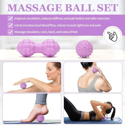 All in One Yoga Wheel Set, Soft Foam Roller Wheel for Back Pain & Stretching, Yoga Blocks 2 Pack with Strap, Trigger Point Therapy Massage Ball for Deep Tissue, Yoga Starter Kit for Beginner - color: C1, Purple