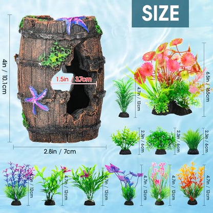 Fish Broken Barrel Decor Fish Tank Decorations Betta Fish Tank Accessories,Starfish Barrel x 1pc, Aquarium Plants x 11pcs - size: 12 Pcs