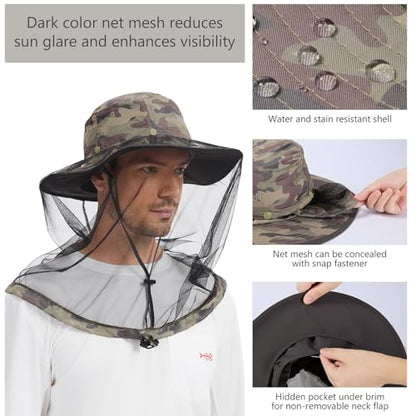 BASSDASH UPF 50+ Mosquito Sun Hat with Hidden Head Net and Neck Flap for Men Women Outdoor Fishing Hiking Camping - color: Earth Camo