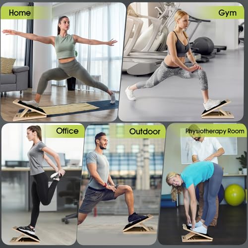 Slant Board, Wooden 5‑Angle Calf Stretcher Non‑Slip for Plantar Fasciitis & Achilles Pain Relief, 350 LBS Portable Therapy Foot Stretcher with Training Poster, Relief Leg Heel Ankle Pain