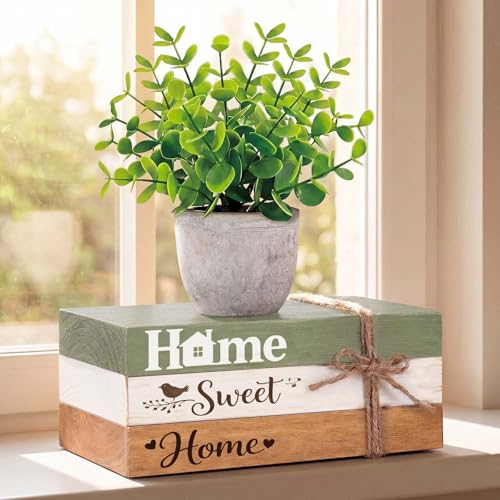 4 Pcs Spring Table Centerpieces with Fake Eucalyptus Pot Plant Home Sweet Home Decoration Farmhouse Tiered Tray Tabletop Decor Wooden Stack Book Block Sign for Desk Shelf Housewarming Gift - style: Classic