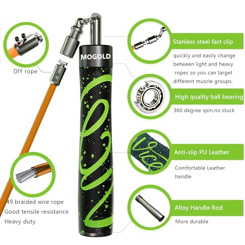 Weighted Jump Rope for Men Women -Interchangeable 1/5lb 1/4lb 1/2lb Heavy jump ropes - 360 Degree Spin - Length Adjustable,Ergonomics Leather Grip Skipping Rope for Fitness Weight Loss & More - color: T64 Green