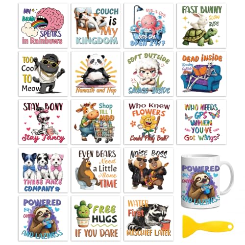 Peacoblue 18 Sheets Rub on Transfers for Crafts, Interesting Animals and Copywriting 3.6"x3.9" UV DTF Cup Wraps Waterproof Cold Transfers Stickers for Wood Glass Metal Cup Tumblers Mirrors Mugs Decor - style: Interesting Animals And Humorous Copywriting
