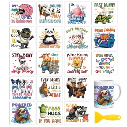 Peacoblue 18 Sheets Rub on Transfers for Crafts, Interesting Animals and Copywriting 3.6"x3.9" UV DTF Cup Wraps Waterproof Cold Transfers Stickers for Wood Glass Metal Cup Tumblers Mirrors Mugs Decor - style: Interesting Animals And Humorous Copywriting