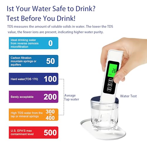 TDS Meter Digital Water Tester 4 in 1 TDS EC & Temperature(°C,°F) Meter, 0-9999 ppm Meter, Portable Large Display Water Testing Kits for Drinking Water Hydroponics Aquarium, RO/DI System - color: White Black