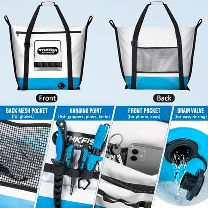 THKFISH Insulated Fish Cooler Bag, 25x17.5in Portable Soft Cooler Bag for Caught Fish, Travel, Beach, Camping, Picnic, Lunch, Fishing, 24HR Cold Retention(White-Blue)