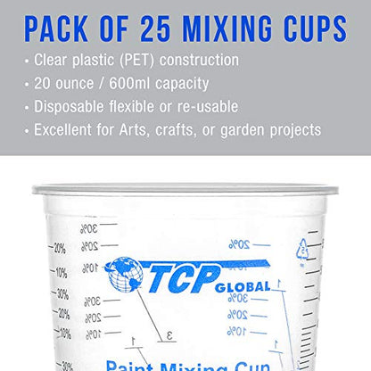 TCP Global 20 oz. (600ml) Graduated Plastic Mixing Cups - Box of 25 - Disposable Plastic Measuring Cups for Liquids, Paints, Resin, Epoxy, Art, Kitchen - Ratios 2-1, 3-1, 4-1 ML