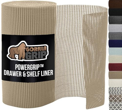 GORILLA GRIP powerGRIP Drawer Shelf and Cabinet Liner, Thick Strong Hold, Non-Adhesive Liners Protect Kitchen Cabinets and Cupboard, Bathroom Drawers, Easy Install, Breathable Mat, 12" x10', Beige - color: Beige, style: 12" x 10'