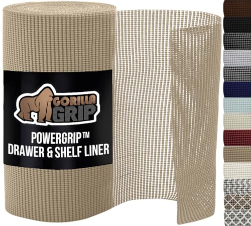 GORILLA GRIP powerGRIP Drawer Shelf and Cabinet Liner, Thick Strong Hold, Non-Adhesive Liners Protect Kitchen Cabinets and Cupboard, Bathroom Drawers, Easy Install, Breathable Mat, 12" x10', Beige - color: Beige, style: 12" x 10'