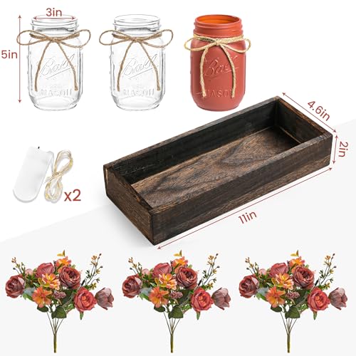 3 Pcs Mason Jar Centerpiece Table Decorations for Dining Table Decor Farmhouse Coffee Table Decor with Wood Tray and Led Light Table Centerpieces for Dining room Kitchen Living Bathroom,Orange