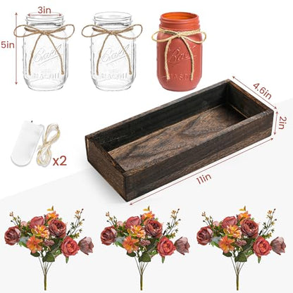 3 Pcs Mason Jar Centerpiece Table Decorations for Dining Table Decor Farmhouse Coffee Table Decor with Wood Tray and Led Light Table Centerpieces for Dining room Kitchen Living Bathroom,Orange