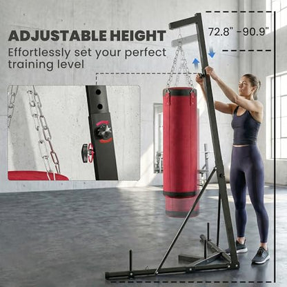 Soozier Punching Bag with Stand for Adults 72.8" 90.9" | Freestanding Boxing Stand, Canvas Sandbag, Stable Triangular Base, 1" Weight Plate Storage, Home Gym MMA, Height Adjustable