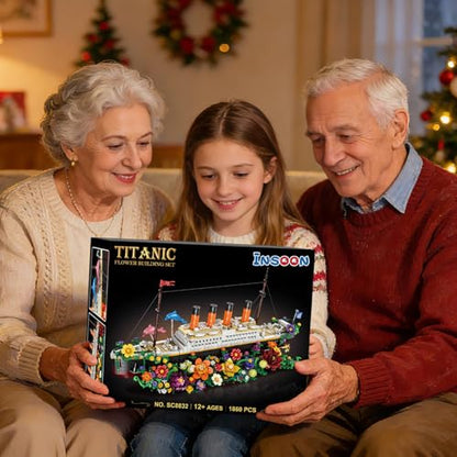 INSOON Botanical Titanic Ship Building Set with Lights, 1860 PCS Floral Display Model, Home Decor Building Kit for Adults, Unique Gift for Women, Flower and Titanic Lovers