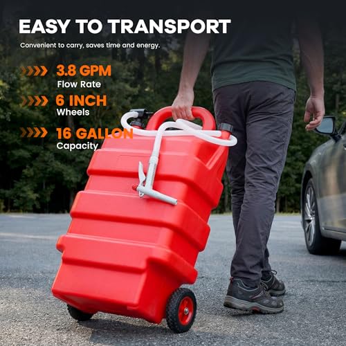 16 Gallon Fuel Caddy with 3.8 GPM Pump, 60L Portable Fuel Storage Caddy with Battery Powered Pump, Red - size: 16Gallon 3.8GPM