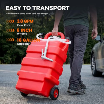 16 Gallon Fuel Caddy with 3.8 GPM Pump, 60L Portable Fuel Storage Caddy with Battery Powered Pump, Red - size: 16Gallon 3.8GPM