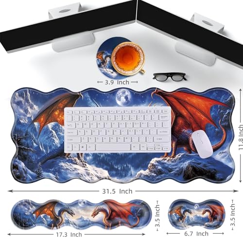 Large Gaming Mouse Pad, Keyboard Wrist Rest Pad & Wrist Support Mousepad Set, Stitched Edge, Extended, Non-Slip Base, Memory Foam Desk Mat for Office, Home,Cool Dragon - color: Cool Dragon