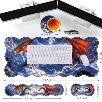 Large Gaming Mouse Pad, Keyboard Wrist Rest Pad & Wrist Support Mousepad Set, Stitched Edge, Extended, Non-Slip Base, Memory Foam Desk Mat for Office, Home,Cool Dragon - color: Cool Dragon