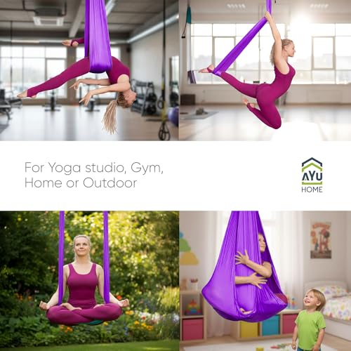 AyuHome Aerial Silks Yoga Swing Aerial Hammock Kit for Home | Premium aerial silks yoga swing kit with rigging hardware for aerial yoga, gymnastics, and home fitness - color: Aerial silk - Purple New