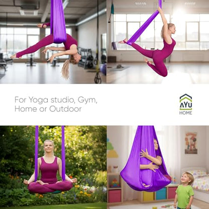 AyuHome Aerial Silks Yoga Swing Aerial Hammock Kit for Home | Premium aerial silks yoga swing kit with rigging hardware for aerial yoga, gymnastics, and home fitness - color: Aerial silk - Purple New