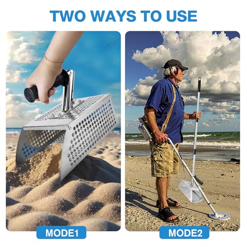 Sand Scoop for Metal Detecting - Metal Detector Sand Flea Rake for Beach with Anti Slip Handle Heavy Duty Stainless Steel Sand Sifter Shovel with Long Handle Ideal for Underwater Treasure Hunting