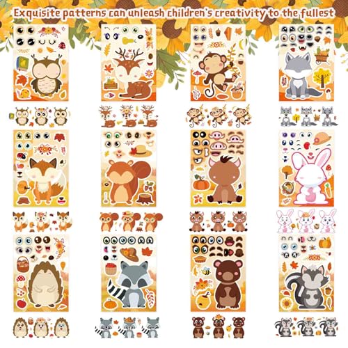 24 Sheets Fall Stickers for Kids Toddlers, Autum Animal Stickers Make-a-face Sticker Make Your Own Sticker 8 Designs of Animal Owl Squirrel Hedgehog Fox Fall Party Decorations Supplies - style: Fall Animal Stickers