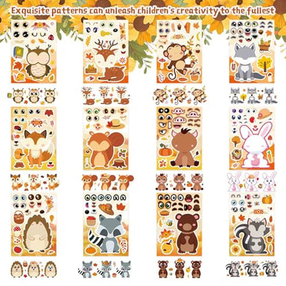 24 Sheets Fall Stickers for Kids Toddlers, Autum Animal Stickers Make-a-face Sticker Make Your Own Sticker 8 Designs of Animal Owl Squirrel Hedgehog Fox Fall Party Decorations Supplies - style: Fall Animal Stickers