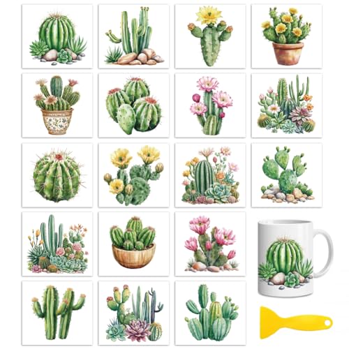 Peacoblue 18 Sheets Rub on Transfers for Crafts, Cactus and Succulent 3.6"x3.9" UV DTF Cup Wraps Waterproof Rub on Cold Transfers Stickers for Wood Glass Metal Cup Tumblers Mirrors Mugs Home Decor - style: Cactus And Succulent