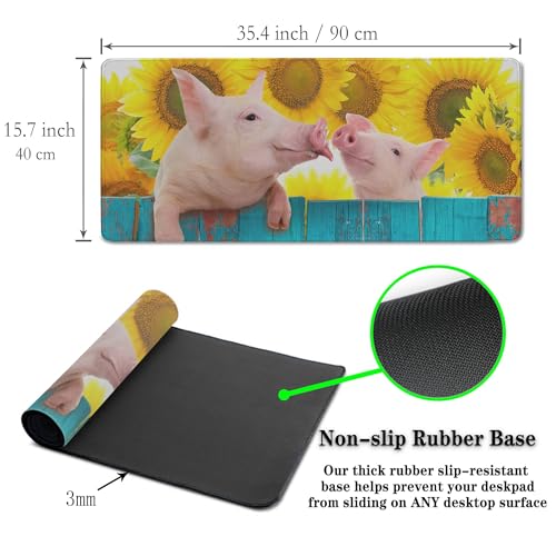 Keyboard Mat Yellow Blue Long Mouse Pad, Computer Mat Large Desk Pads, Big Desk Mat Non-Slip Rubber Base, 35.4 X 15.7 inch for Work/Game/Office/Home Funny Pig Hanging on A Fence. Studio Photo. - color: Funny Pig