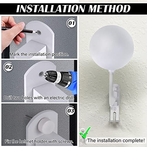 Kikerike Motorcycle Helmet Rack Wall Mount 180 Degree Rotation Metal Armet Holder Bicycle Burgonet Display Hanger Stand with 2 Hooks for Bike Baseball Rugby Helmet - White, 1 Pcs - color: White(1PCS)