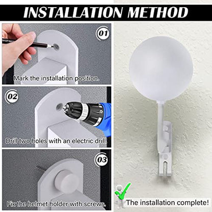 Kikerike Motorcycle Helmet Rack Wall Mount 180 Degree Rotation Metal Armet Holder Bicycle Burgonet Display Hanger Stand with 2 Hooks for Bike Baseball Rugby Helmet - White, 1 Pcs - color: White(1PCS)