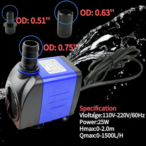 Conquerall CHA-1500 390GPH 1500L/H AC 110V Submersible Pump 25W Ultra Quiet Silent Pump 6.56 ft High Head for Large Fish Tanks, Ponds, Aquariums, Waterfalls, Outdoor Fountains, and Pet Water Fountains - size: 390GPH-25W