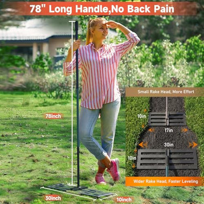 Lawn Leveling Rake, 30 x 10 in Stainless Steel Levelawn Tool with 78 in Adjustable Handle, Heavy Duty Yard Leveler for Soil, Sand, Compost, Backyard, Garden and Golf Course (Green)
