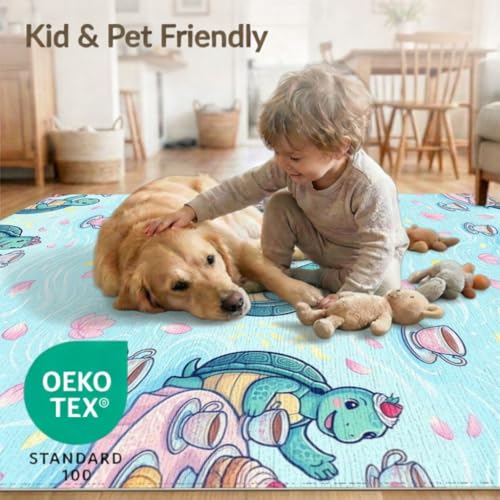 8'x10' Washable Kawaii Cherry Blossom Large Rug, Teal Non-Shedding Pet Friendly Carpet for King Size Bedroom, Master Suite, Under Bed, Foldable Easy Care Mat | Ref:1955471 - color: Blue/Pattern 1, size: 8' x 10' (Rectangular)