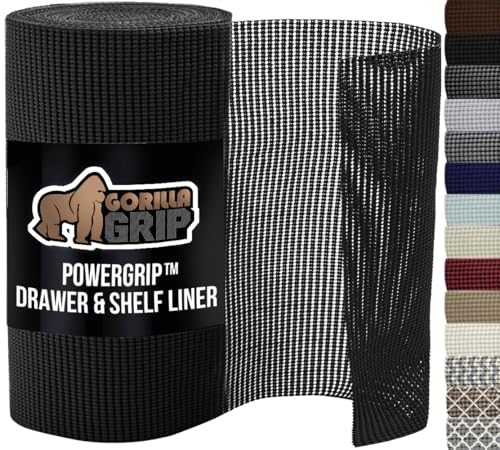 GORILLA GRIP powerGRIP Drawer Shelf and Cabinet Liner, Thick Strong Hold, Non-Adhesive Liners Protect Kitchen Cabinets and Cupboard, Bathroom Drawers, Easy Install, Breathable Mat, 12" x10', Black - color: Black, style: 12" x 10'