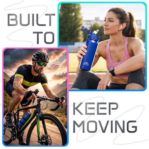Stainless Steel Water Bottle 20oz with Straw, Insulated, Leakproof Lid - color: Dark Blue