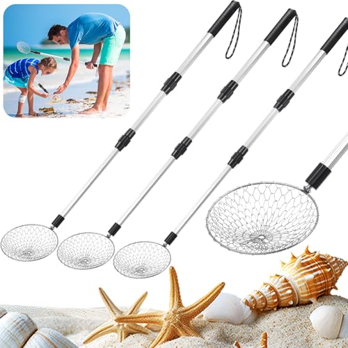 4 Pcs Shark Tooth Sifter Beach Sand Sifter Set 41.4" Adjustable Beach Sand Scoop Shell Scooper with Long Handle for Picking up Shells Beachcombing Rock Hunting