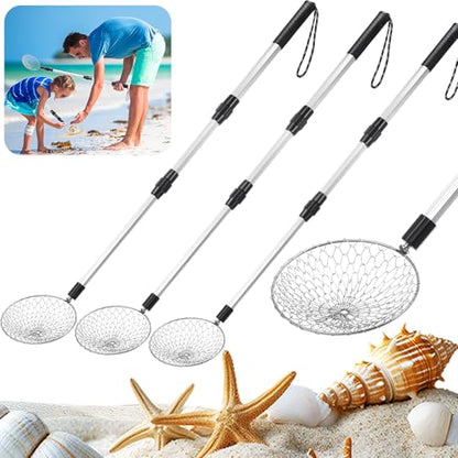 4 Pcs Shark Tooth Sifter Beach Sand Sifter Set 41.4" Adjustable Beach Sand Scoop Shell Scooper with Long Handle for Picking up Shells Beachcombing Rock Hunting