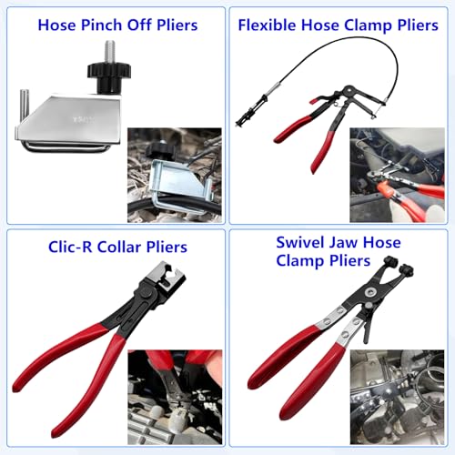 16PCS Hose Clamp Pliers Set, Professional Removal & Installation Tool Kit with Long Reach Flexible Wire & Electrical Disconnect Pliers for Fuel, Oil, Coolant Radiator, Heater and Water Hoses