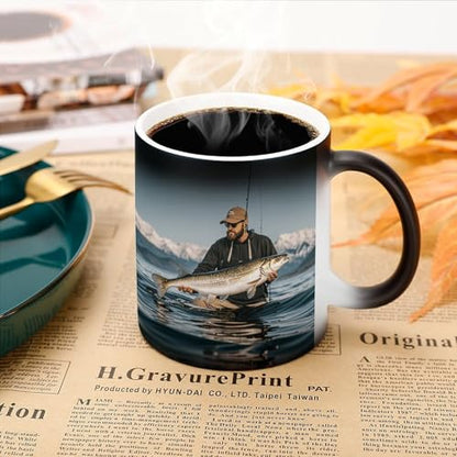 Heat Changing Mug Color Changing Mugs Bass Fishing Wave Printed Ceramic Heat Sensitive Coffee Cup Discoloration Mug Funny Mugs Magic Funny Art Mug