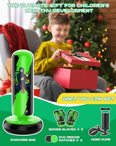 QPAU Punching Bag for Kids, 66 Inch Stable Inflatable Boxing Bag with Boxing Gloves, Stand Kids Punching Bag Toy for Boys & Girls Age 6-12, Boxing Set for Practicing Karate, Taekwondo, MMA - color: Green