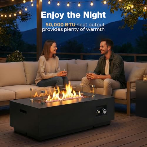 42'' Outdoor Propane Fire Pit Table, 50,000 BTU Rectanle Natural Gas Fire Pits with Tank Cover Wind Guard, No Assembly Low Profile Fire Table for Outside Patio & Backyard, Black - size: 42"