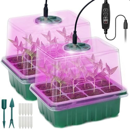 Seed Starter Tray, 2 Pcs Plant Propagation Station with Grow Light,Seedling Starter Trays with Timing Controller,Mini Greenhouse Kit with Humidity Domes and Base,Plant Tray for Seeds Growing Starting