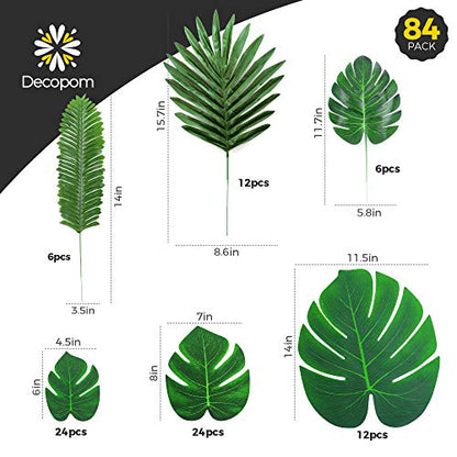 Palm Leaves Artificial Tropical Monstera-84Pcs 6 Kinds Large Small Green Fake Palm Leaf with Stems for Safari Jungle Hawaiian Luau Party Table Decoration Wedding Birthday Theme Party - style: 84 Pack