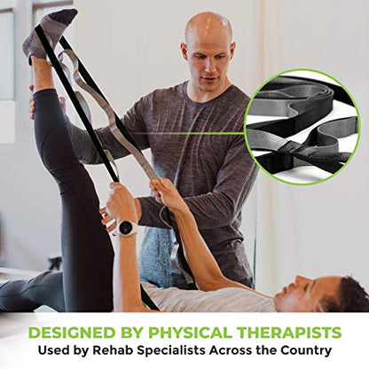 Stretching Strap for Physical Therapy, 12 Multi-Loop Stretch Strap 1" W x 8' L, Neoprene Handles, Physical Therapy Equipment, Yoga Straps for Stretching, Leg Stretcher. - color: Black/Grey