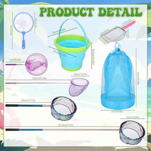 2 Pack Telescopic Kids Fishing Net with Handle, 2 Collapsible Bucket Sand Pail, Stainless Steel Foldable Fishing Net Small Fishing Butterfly Bug Net Beach Shovel with Storage Bag - color: Green Pink Purple Blue