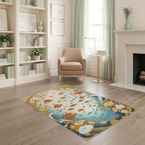 4'x6' Washable Art Nouveau Fish Area Rug, Orange Flatwoven Floor Mat for Home Office, Gaming Room, Under Desk, Non-Slip Chair-Friendly Carpet | Ref:1886093 - color: Orange/Pattern 3, size: 4' x 6' (Rectangular)