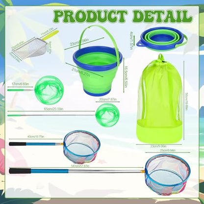 2 Pack Telescopic Kids Fishing Net with Handle, 2 Collapsible Bucket Sand Pail, Stainless Steel Foldable Fishing Net Small Fishing Butterfly Bug Net Beach Shovel with Storage Bag