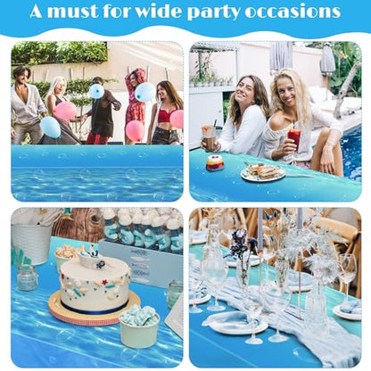 54 Inch x 100 Ft Ocean Waves Plastic Tablecloth Roll in Slide Cutter Box Under the Sea Table Cover Blue Water Print Backdrop Bulletin Board Plastic Roll for Beach Pool Birthday Party Decor