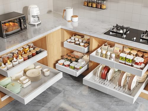 6 Pack Pull Out Cabinet Organizers 21" Deep With Raising Pad for Framed Cabinets, Expandable Slide Out Drawers with 4pcs Divider Racks, Roll Out Shelves, Adjustable Width 12"-20.45" White - color: White, size: 12"-20.45"Wide x 21"Deep(6 Pack)
